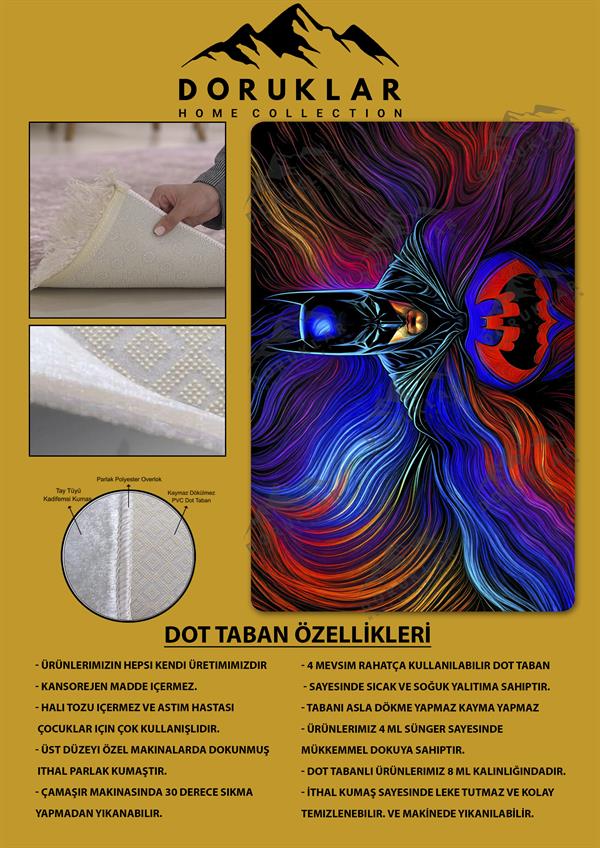Kaymaz Taban Makinada Yıkanabilir Dijital Baskı Batman Desenli Çocuk Odası Halısı Dot Taban Halı RHR02