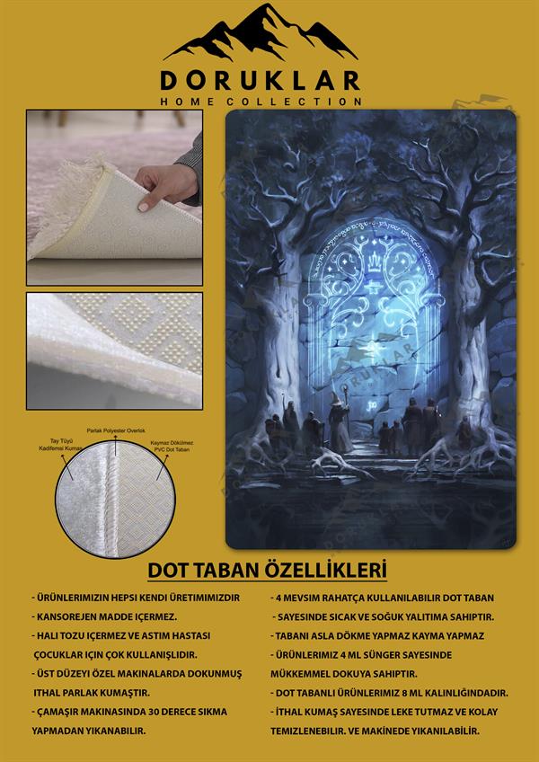 Kaymaz Taban Makinada Yıkanabilir Dijital Baskı Yüzüklerin Efendisi Desenli Genç Odası ve Çocuk Odası Halısı Dot Taban Halı