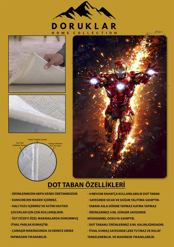 Kaymaz Taban Makinada Yıkanabilir Dijital Baskı İronman Desenli Genç Odası Halısı Dot Taban Halı GNC52