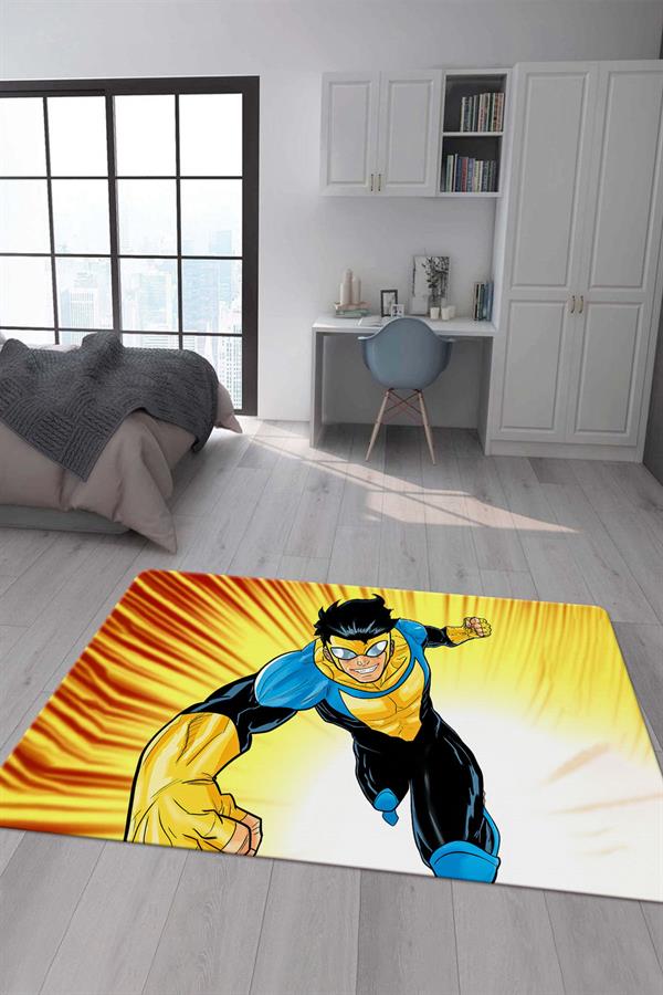 Kaymaz Taban Makinada Yıkanabilir Dijital Baskı Invincible Desenli Çocuk Odası Halısı Dot Taban Halı IC02