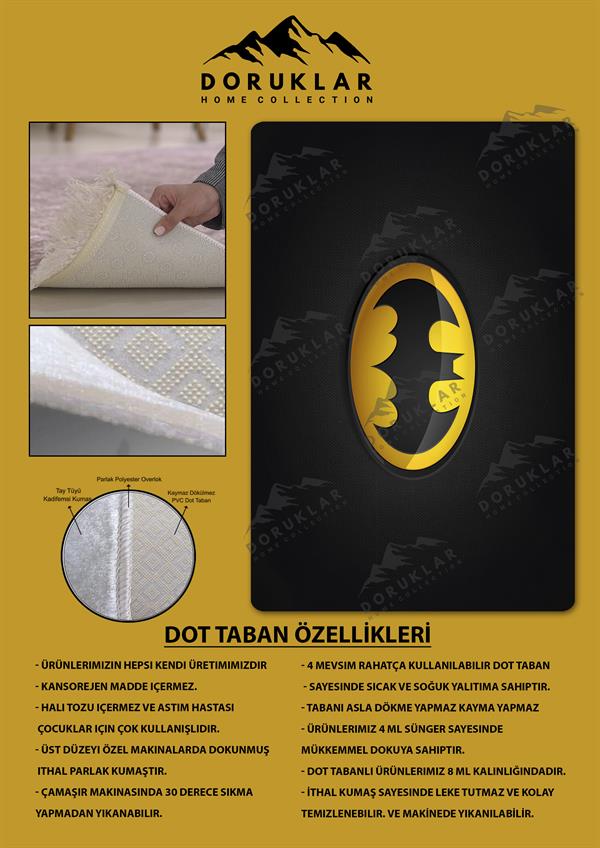 Kaymaz Taban Makinada Yıkanabilir Dijital Baskı Batman Desenli Genç Odası ve Çocuk Odası Halısı Dot Taban Halı