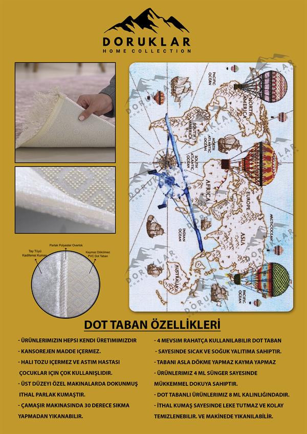 Kaymaz Taban Makinada Yıkanabilir Dijital Baskı Harita Kıtalar Desenli Çocuk Odası Halısı Dot Taban Halı