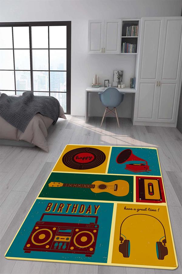Kaymaz Taban Makinada Yıkanabilir Dijital Baskı Retro Desenli Çocuk Genç Odası Halısı Dot Taban Halı RTR03