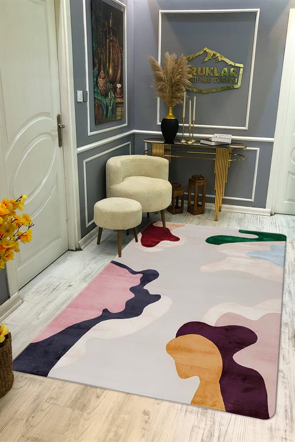 Kaymaz Taban Makinada Yıkanabilir Dijital Baskı Dekoratif Modern Desenli Rona Serisi Dot Taban Halı RN026