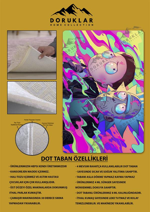Kaymaz Taban Makinada Yıkanabilir Dijital Baskı Rick and Morty Desenli Çocuk Odası Halısı Dot Taban Halı RM02