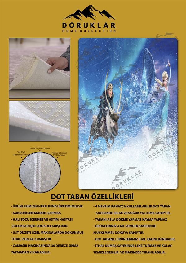 Kaymaz Taban Makinada Yıkanabilir Dijital Baskı Elsa Desenli Çocuk Odası Halısı Dot Taban Halı
