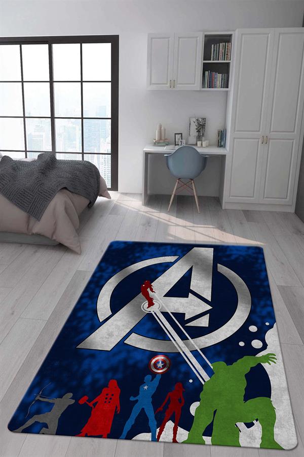 Kaymaz Taban Makinada Yıkanabilir Dijital Baskı Marvel Avengers Desenli Genç Odası Halısı