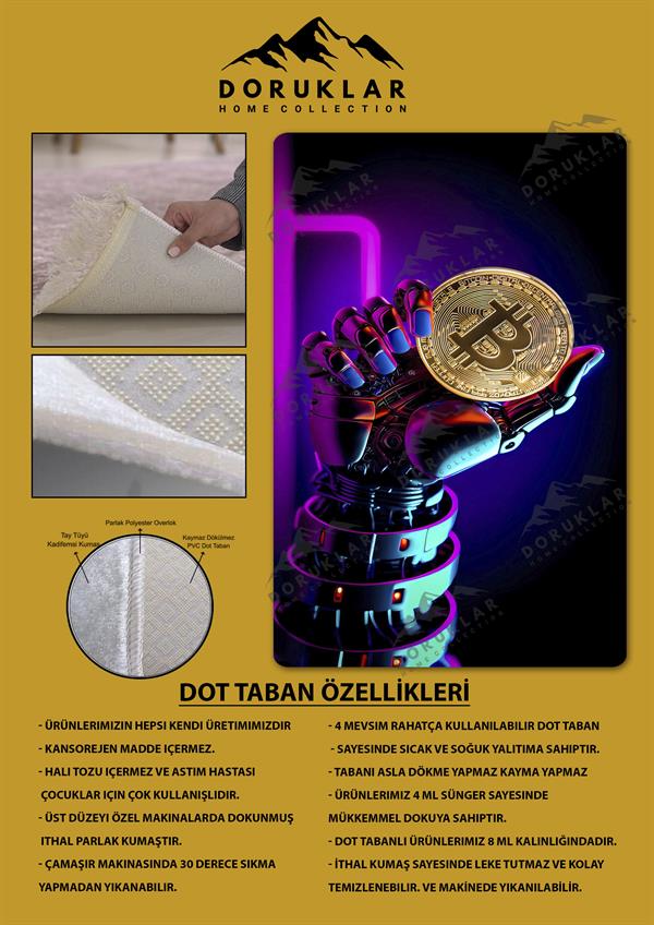 Kaymaz Taban Makinada Yıkanabilir Dijital Baskı Bitcoin Desenli Genç Odası Halısı
