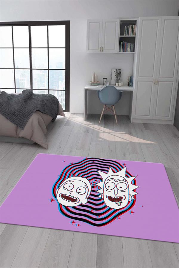 Kaymaz Taban Makinada Yıkanabilir Dijital Baskı Rick and Morty Desenli Çocuk Odası Halısı Dot Taban Halı RM03