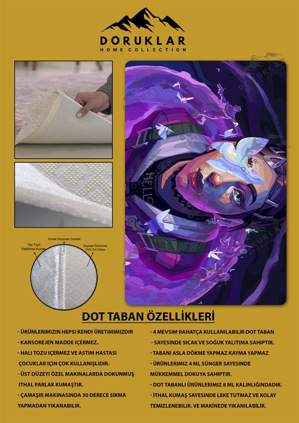 Kaymaz Taban Makinada Yıkanabilir Dijital Baskı Valorant Clove Desenli Çocuk Odası Halısı Dot Taban Halı VL20