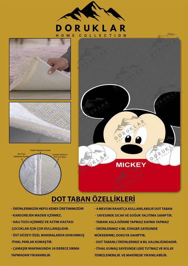 Kaymaz Taban Makinada Yıkanabilir Dijital Baskı Mickey Mouse Desenli Genç Odası Halısı Dot Taban Halı GNC38