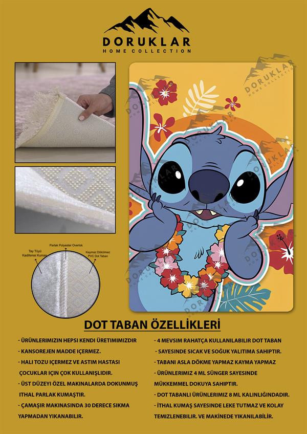 Kaymaz Taban Makinada Yıkanabilir Dijital Baskı Stitch Desenli Çocuk Odası Halısı Dot Taban Halı 0006
