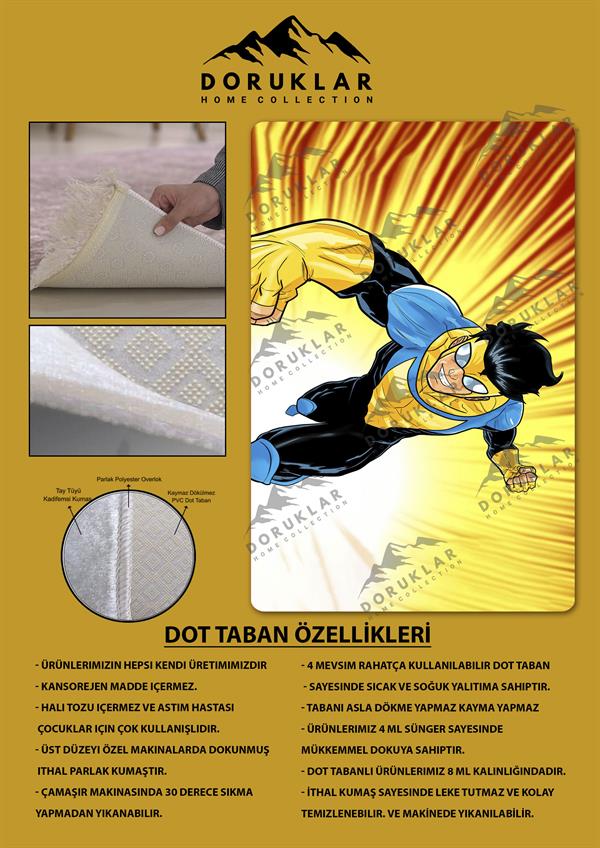 Kaymaz Taban Makinada Yıkanabilir Dijital Baskı Invincible Desenli Çocuk Odası Halısı Dot Taban Halı IC02
