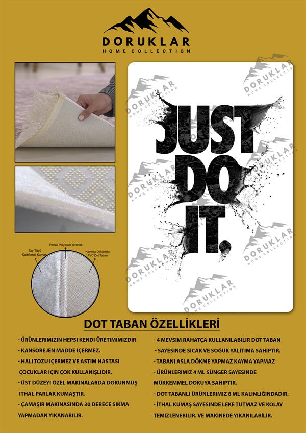 Kaymaz Taban Makinada Yıkanabilir Dijital Baskı Just Do It Desenli Genç Odası Halısı Dot Taban Halı