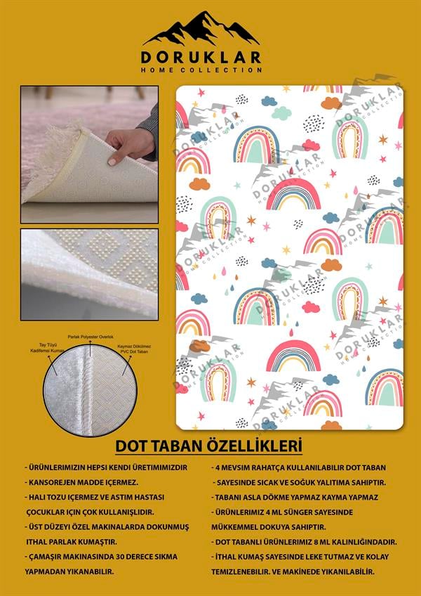 Kaymaz Taban Makinada Yıkanabilir Dijital Baskı Gökkuşağı Desenli Çocuk Odası Halısı Dot Taban Halı RB01
