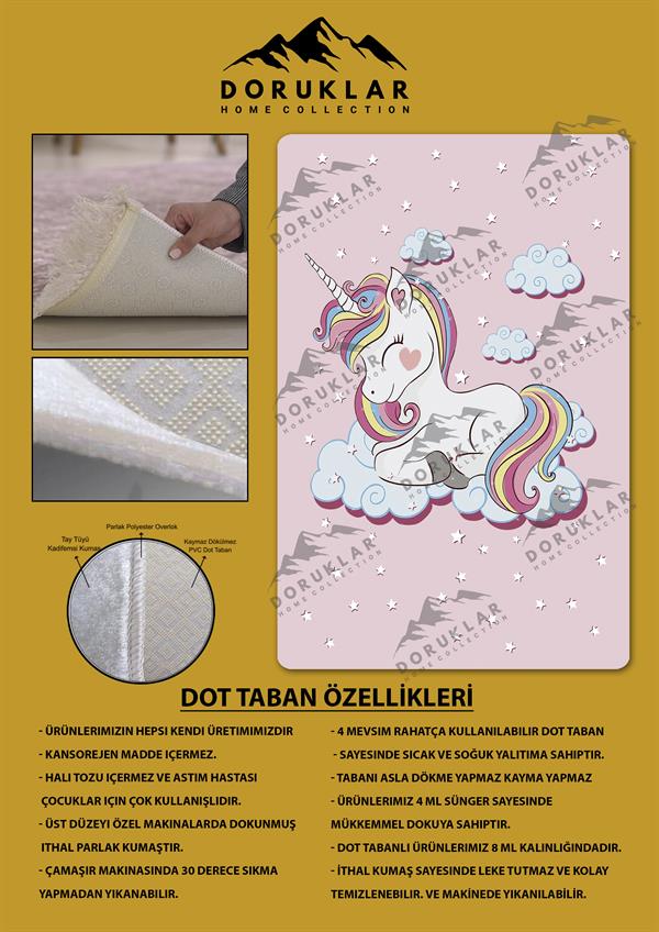 Kaymaz Taban Makinada Yıkanabilir Dijital Baskı Unicorn Desenli Çocuk Odası Halısı Dot Taban Halı