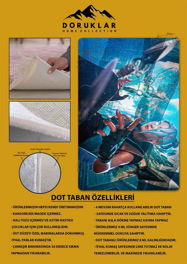 Kaymaz Taban Makinada Yıkanabilir Dijital Baskı Valorant Jett Desenli Çocuk Odası Halısı Dot Taban Halı VL14
