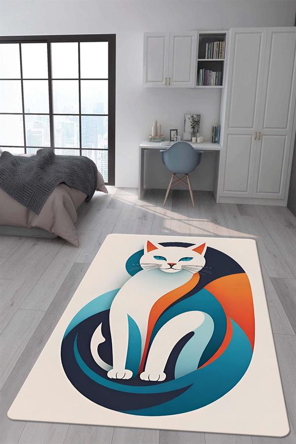 Kaymaz Taban Makinada Yıkanabilir Dijital Baskı Kedi Desenli Genç Halısı Dot Taban Halı