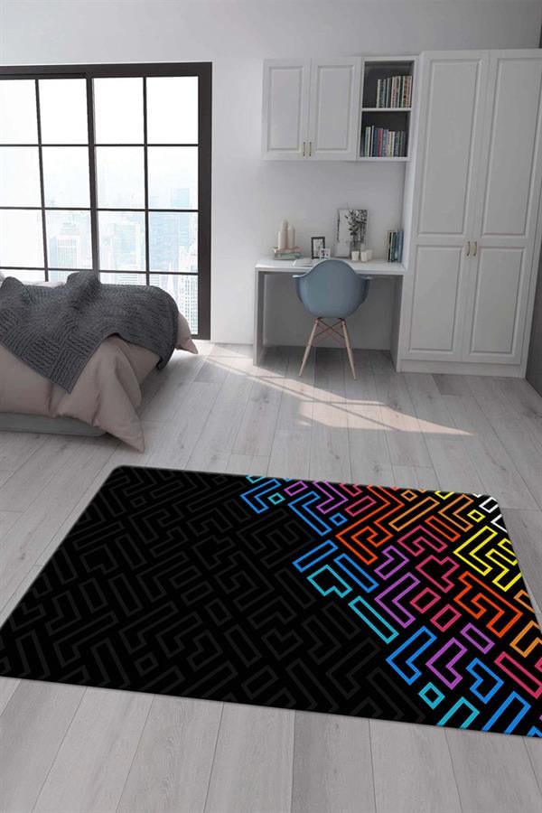 Kaymaz Taban Makinada Yıkanabilir Dijital Baskı Geometrik Desenli Genç Odası Halısı