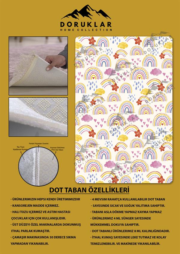 Kaymaz Taban Makinada Yıkanabilir Dijital Baskı Gökkuşağı Desenli Çocuk Odası Halısı Dot Taban Halı RB03