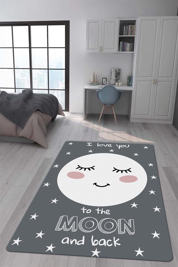 Kaymaz Taban Makinada Yıkanabilir Dijital Baskı Ay Desenli Çocuk Odası Halısı Dot Taban Halı