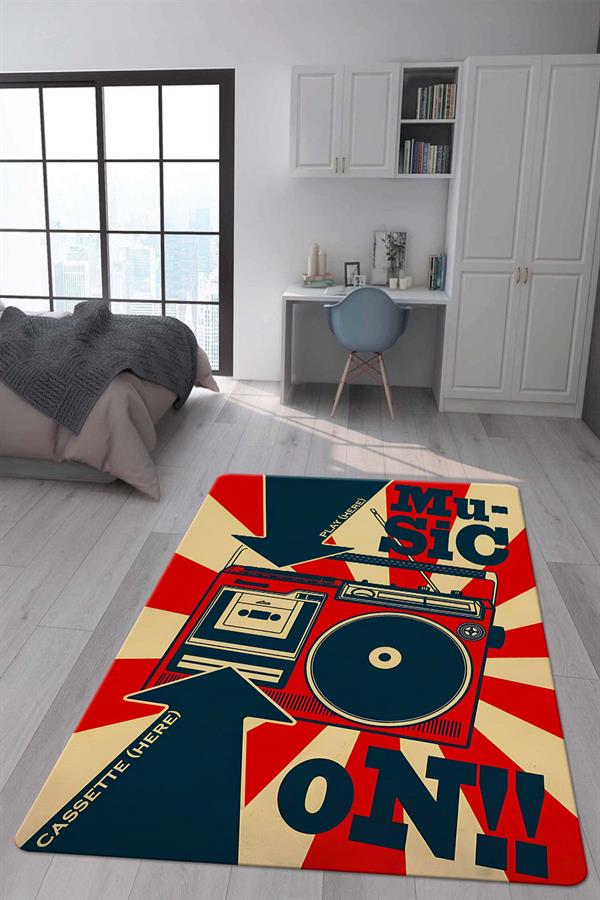 Kaymaz Taban Makinada Yıkanabilir Dijital Baskı Retro Desenli Çocuk Genç Odası Halısı Dot Taban Halı RTR17