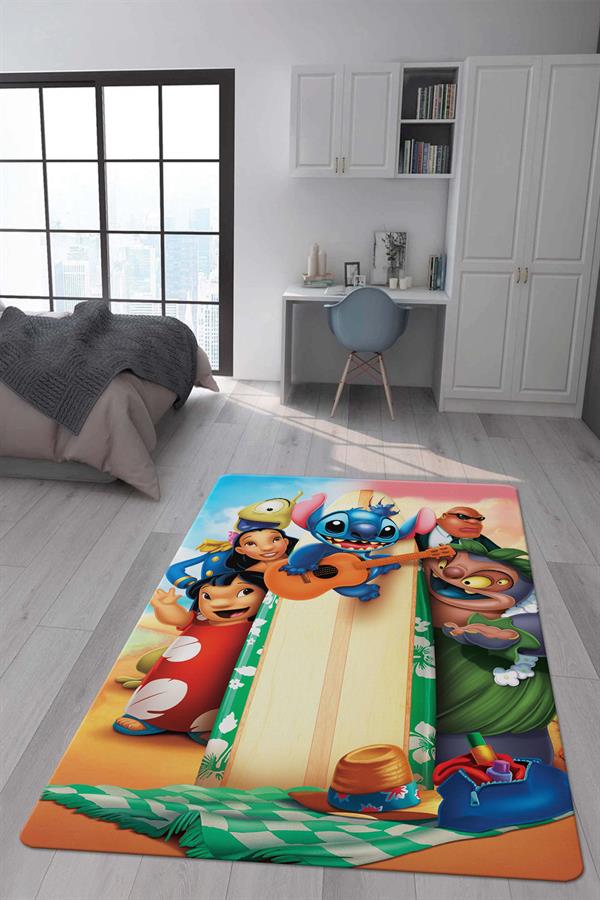 Kaymaz Taban Makinada Yıkanabilir Dijital Baskı Stitch Desenli Çocuk Odası Halısı Dot Taban Halı 0003