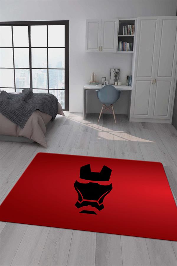 Kaymaz Taban Makinada Yıkanabilir Dijital Baskı İron Man Desenli Çocuk Odası Halısı Dot Taban Halı BRK06