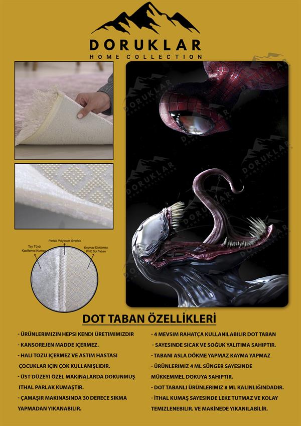 Kaymaz Taban Makinada Yıkanabilir Dijital Baskı Spiderman Venom Desenli Genç Odası Halısı Dot Taban Halı GNC75
