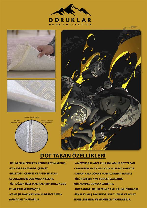 Kaymaz Taban Makinada Yıkanabilir Dijital Baskı Valorant Raze Desenli Genç Odası ve Çocuk Odası Halısı Dot Taban Halı