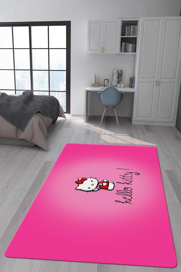 Kaymaz Taban Makinada Yıkanabilir Dijital Baskı Hello Kitty Desenli Genç ve Çocuk Odası Halısı