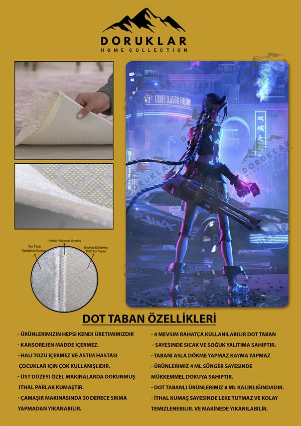 Kaymaz Taban Makinada Yıkanabilir Dijital Baskı Arcane Jinx Desenli Çocuk Odası Halısı Dot Taban Halı ARC02