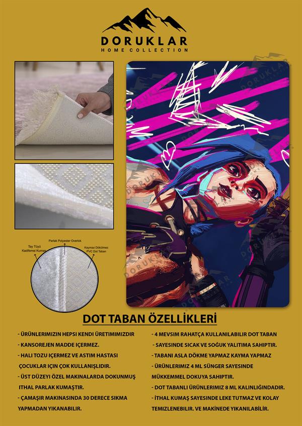 Kaymaz Taban Makinada Yıkanabilir Dijital Baskı Arcane Jinx Desenli Çocuk Odası Halısı Dot Taban Halı ARC21