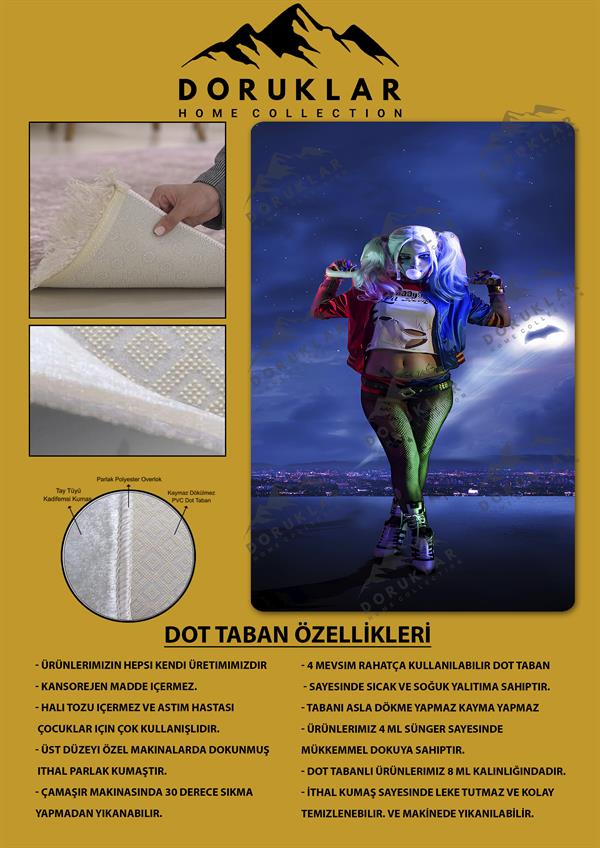Kaymaz Taban Makinada Yıkanabilir Dijital Baskı Harley Quinn Desenli Genç Odası Halısı Dot Taban Halı GNC42