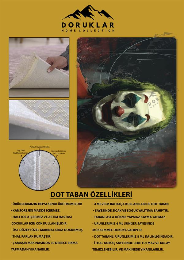 Kaymaz Taban Makinada Yıkanabilir Dijital Baskı Joker Desenli Genç Odası Halısı