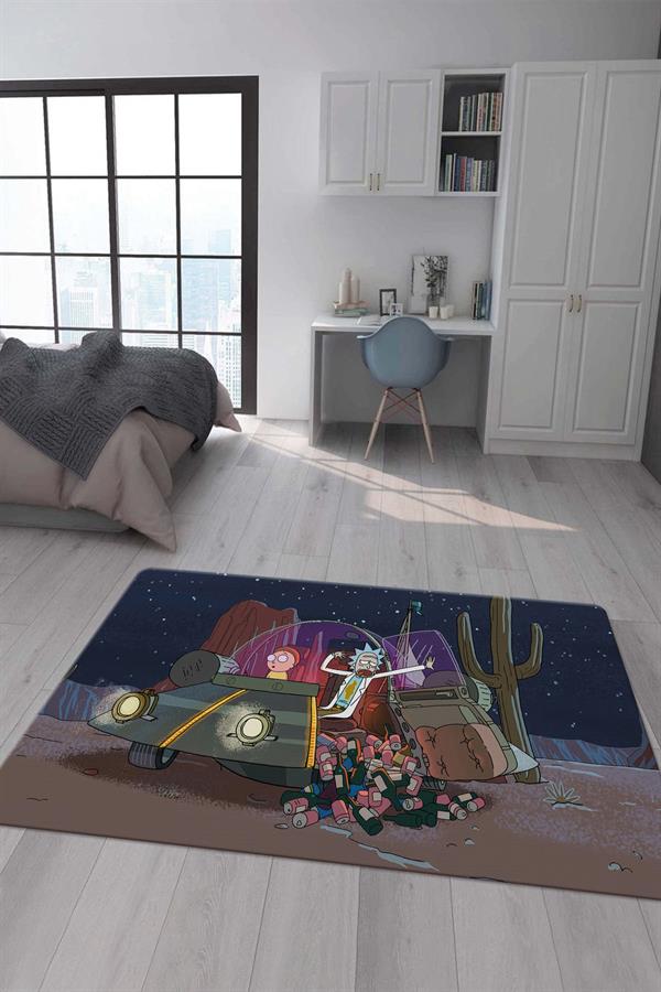 Kaymaz Taban Makinada Yıkanabilir Dijital Baskı Rick and Morty Desenli Çocuk Odası Halısı Dot Taban Halı RM06