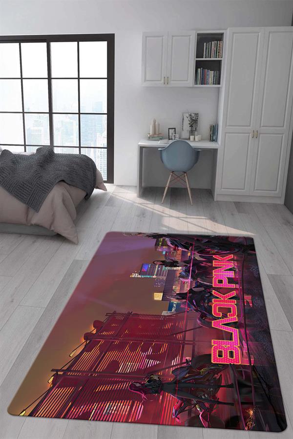 Kaymaz Taban Makinada Yıkanabilir Dijital Baskı Blackpink Desenli Genç ve Çocuk Odası Halısı