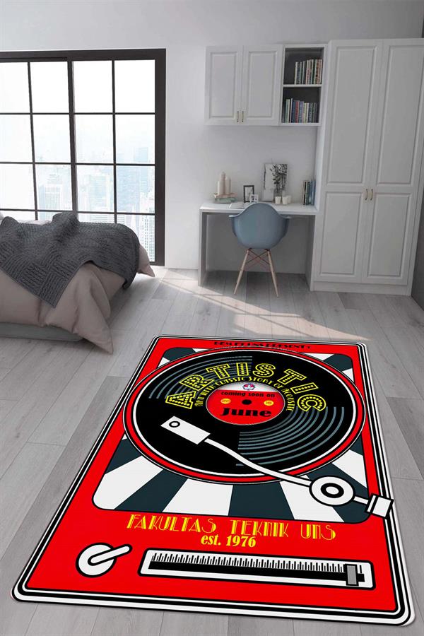 Kaymaz Taban Makinada Yıkanabilir Dijital Baskı Retro Desenli Çocuk Genç Odası Halısı Dot Taban Halı RTR26