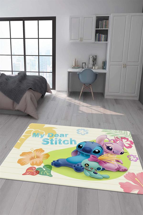 Kaymaz Taban Makinada Yıkanabilir Dijital Baskı Stitch Desenli Çocuk Odası Halısı Dot Taban Halı 0012