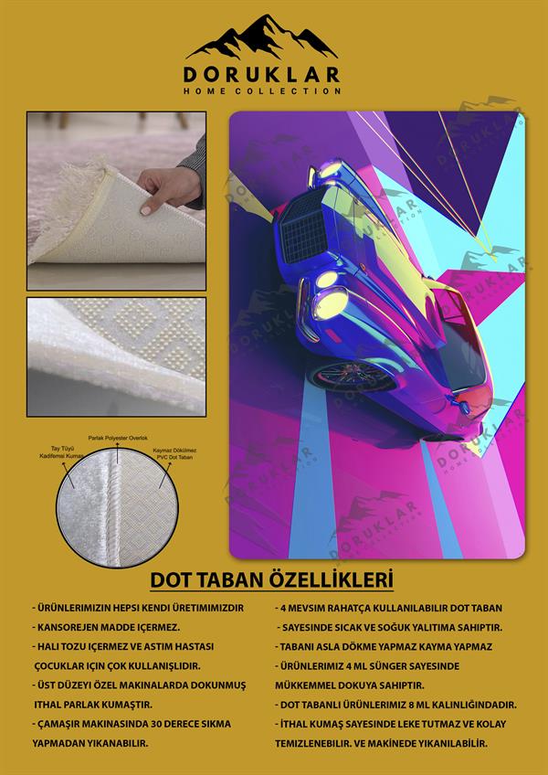 Kaymaz Taban Makinada Yıkanabilir Dijital Baskı Araba Desenli Genç Odası Halısı