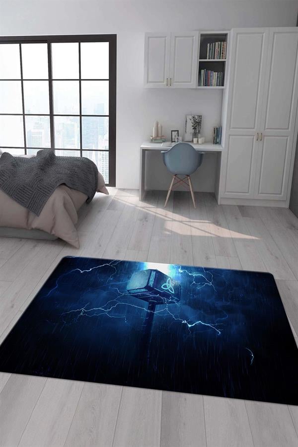 Kaymaz Taban Makinada Yıkanabilir Dijital Baskı Mjolnir Desenli Çocuk Halısı