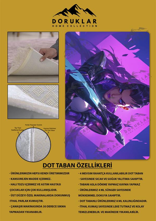 Kaymaz Taban Makinada Yıkanabilir Dijital Baskı Valorant Reyna Desenli Çocuk Odası Halısı Dot Taban Halı VL18