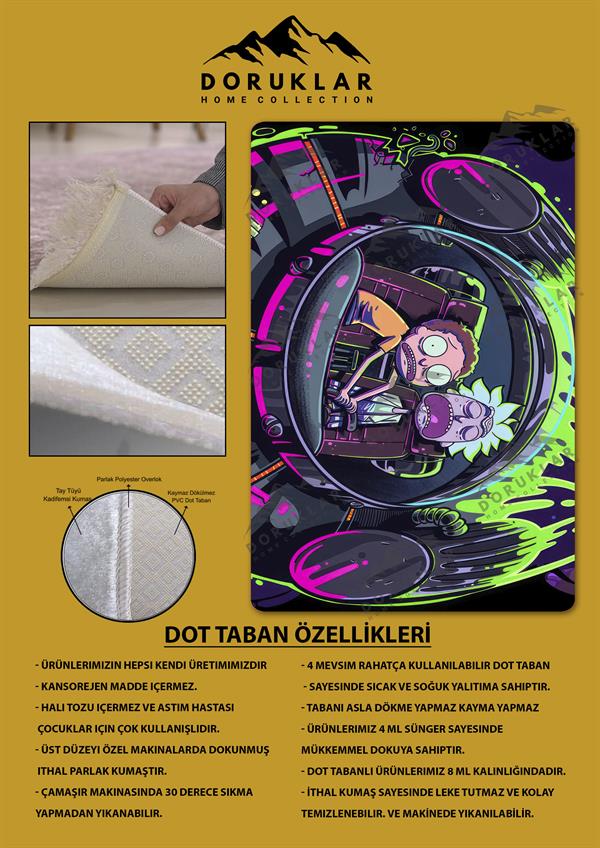 Kaymaz Taban Makinada Yıkanabilir Dijital Baskı Rick and Morty Desenli Çocuk Odası Halısı Dot Taban Halı RM08