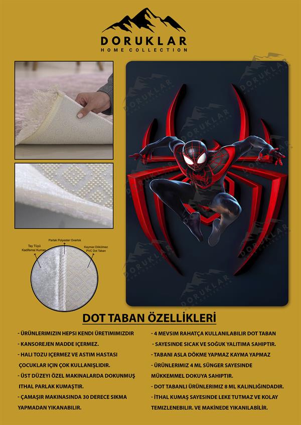 Kaymaz Taban Makinada Yıkanabilir Dijital Baskı SpiderMan Desenli Genç ve Çocuk Odası Halısı Dot Taban Hal