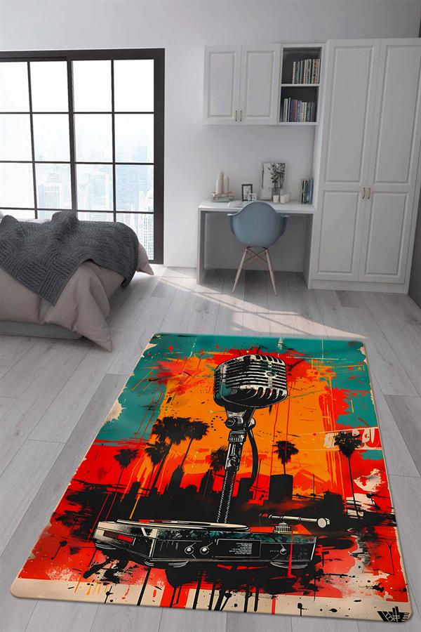 Kaymaz Taban Makinada Yıkanabilir Dijital Baskı Retro Desenli Çocuk Genç Odası Halısı Dot Taban Halı RTR20