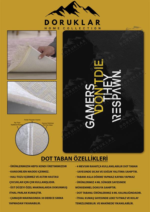 Kaymaz Taban Makinada Yıkanabilir Dijital Baskı Gamers Dont Die Desenli Çocuk Odası Halısı Dot Taban Halı RHR19