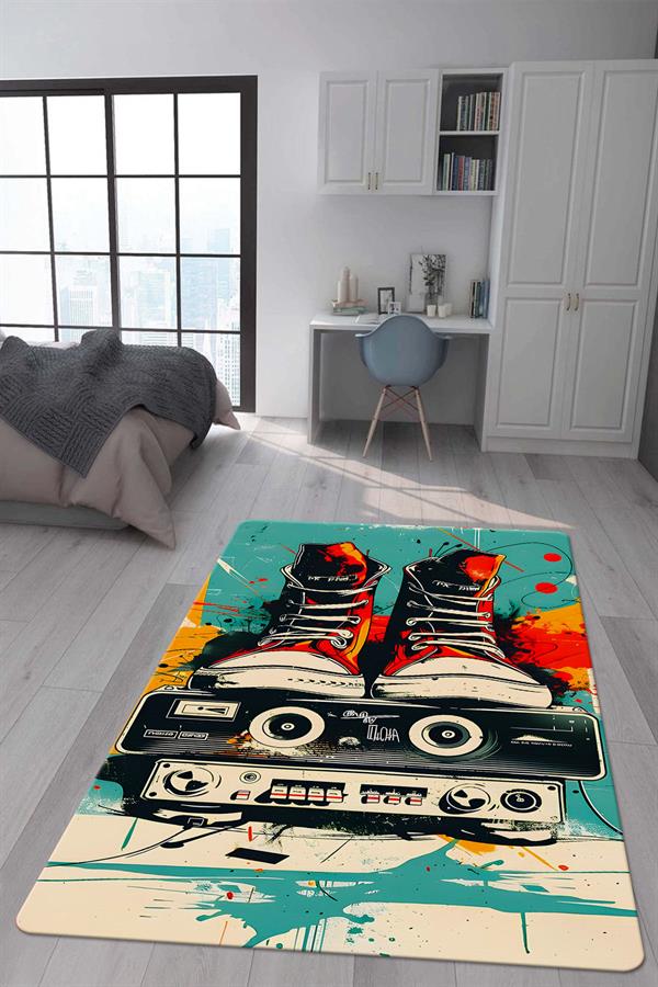 Kaymaz Taban Makinada Yıkanabilir Dijital Baskı Retro Desenli Çocuk Genç Odası Halısı Dot Taban Halı RTR22
