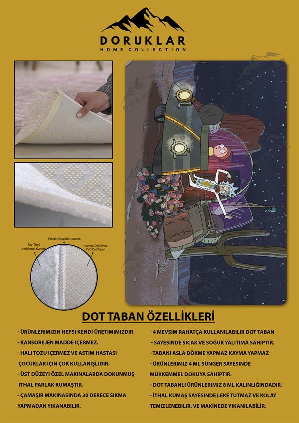 Kaymaz Taban Makinada Yıkanabilir Dijital Baskı Rick and Morty Desenli Çocuk Odası Halısı Dot Taban Halı RM06