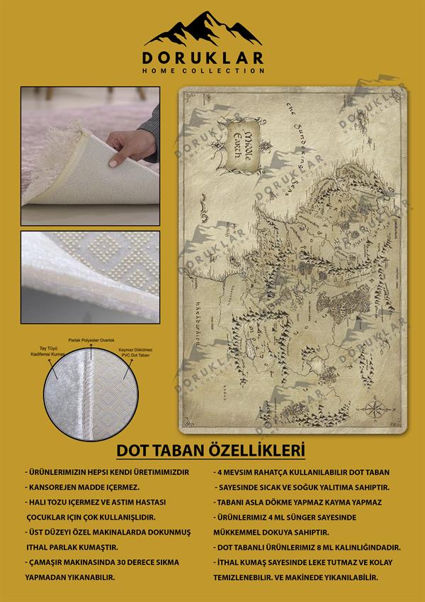 Kaymaz Taban Makinada Yıkanabilir Dijital Baskı Harita Desenli Genç Odası Halısı