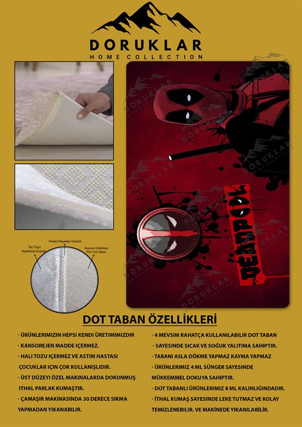 Kaymaz Taban Makinada Yıkanabilir Dijital Baskı Deadpool Desenli Genç Odası ve Çocuk Odası Halısı Dot Taban Halı
